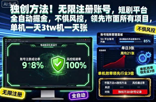 独创方法!无限注册账号,短剧平台全自动掘金,不惧风控,领先市面所有项目,单机一天3张【揭秘】-旺仔资源库