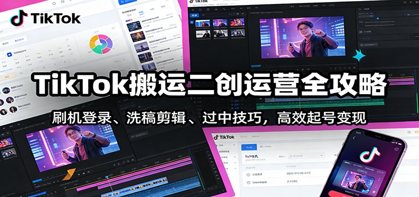 TikTok搬运二创运营全攻略：刷机登录、洗稿剪辑 、过中技巧，高效起号变现-旺仔资源库