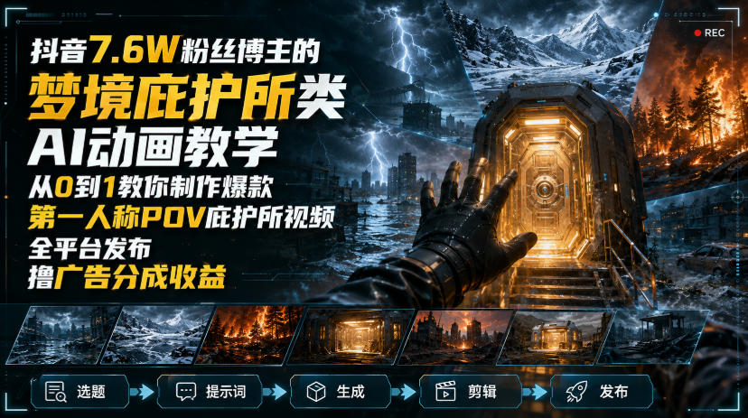 抖音7.6W粉丝博主的梦境庇护所类AI动画教学,从0到1教你制作爆款第一人称POV庇护所视频,全平台发布撸广告分成收益-旺仔资源库