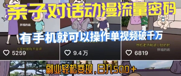 AI引爆短视频，亲子对话动漫流量密码，有手机就可以操作，单视频破千万播放，副业轻松变现，日入5张【揭秘】-旺仔资源库