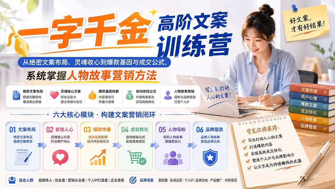 一字千金高阶文案训练营：从绝密文案布局、灵魂收心到爆款基因与成交公式，系统掌握人物故事营销方法-旺仔资源库