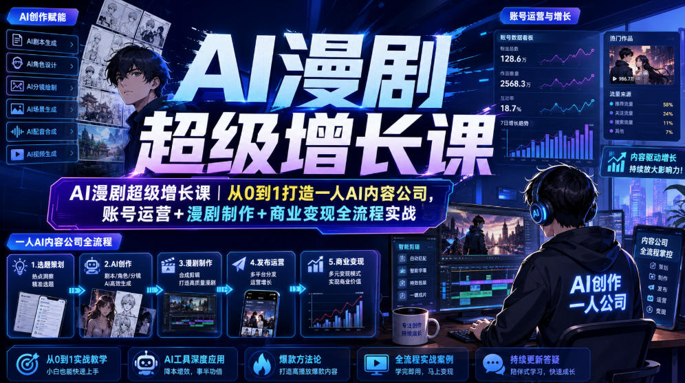 AI漫剧超级增长课|从0到1打造一人AI内容公司,账号运营+漫剧制作+商业变现全流程实战-旺仔资源库