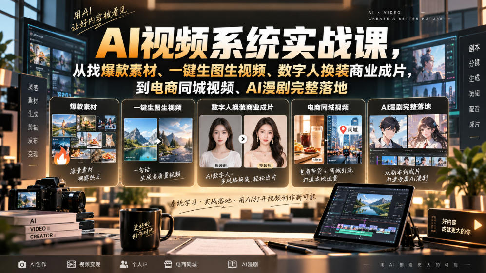 AI视频系统实战课，从找爆款素材、一键生图生视频、数字人换装商业成片，到电商同城视频、AI漫剧完整落地-旺仔资源库