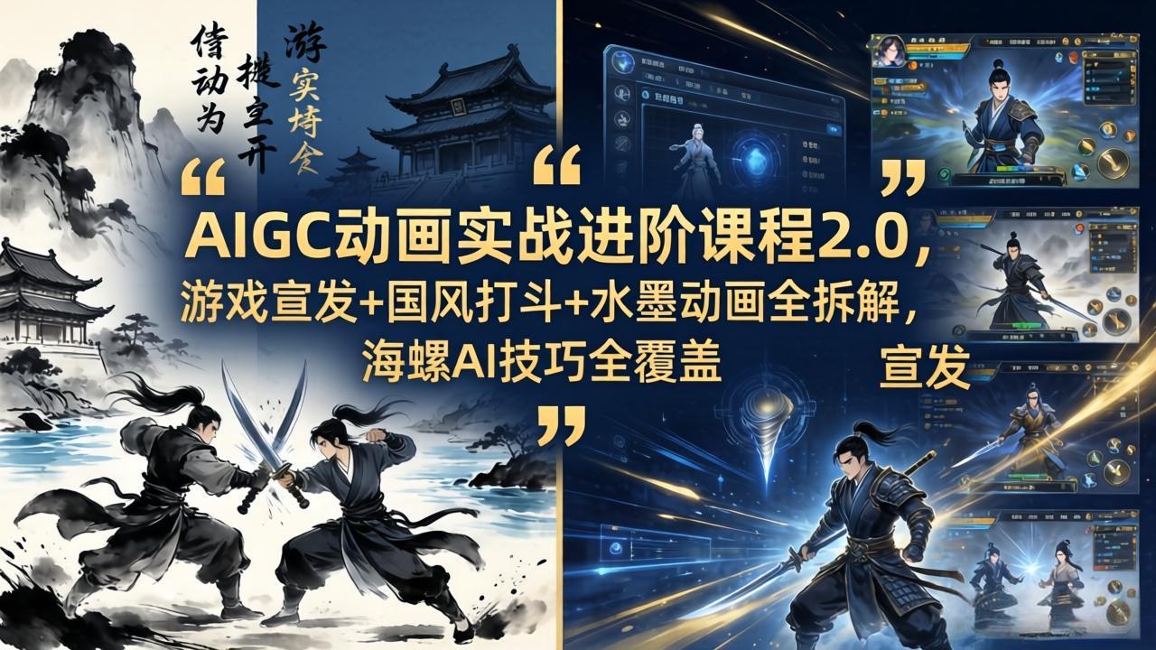 AIGC动画实战进阶课程2.0，游戏宣发+国风打斗+水墨动画全拆解，海螺AI技巧全覆盖-旺仔资源库
