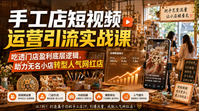 手工店短视频运营引流实战课，吃透门店盈利底层逻辑，助力无名小店转型人气网红店-旺仔资源库