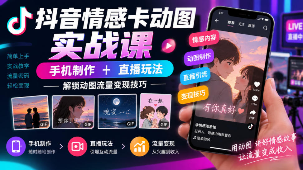 抖音情感卡动图实战课|手机制作+直播玩法,解锁动图流量变现技巧-旺仔资源库