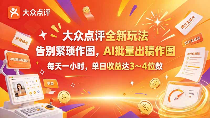 大众点评全新玩法，不用繁琐作图，AI 批量出稿作图，每天一小时，单日收益达 3～4 位数-旺仔资源库