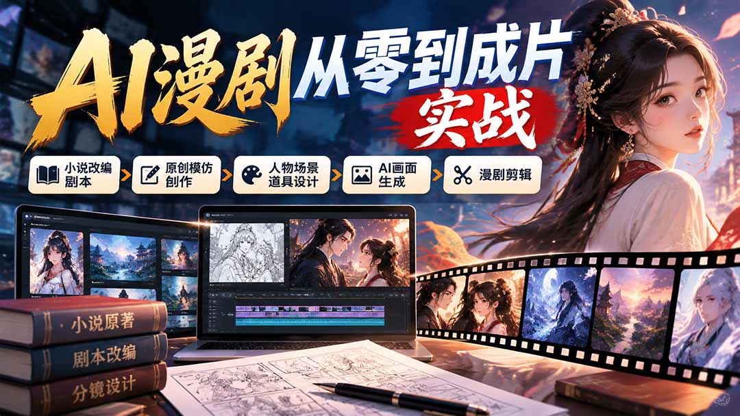 AI漫剧从零到成片实战：小说改编剧本、原创模仿创作、人物场景道具设计、AI画面生成与漫剧剪辑-旺仔资源库