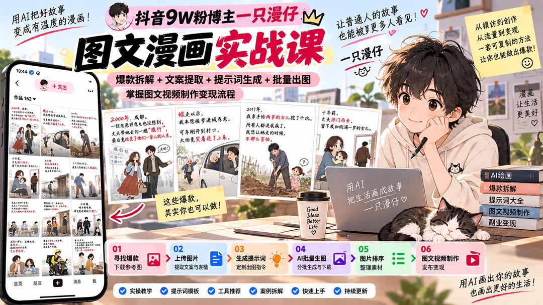 抖音9W粉博主一只漫仔图文漫画课:爆款拆解+文案提取+提示词生成+批量出图,掌握图文视频制作变现流程-旺仔资源库