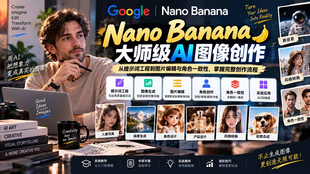 【无水印】Nano Banana大师级AI图像实战课:从提示词工程到图片编辑与角色一致性,掌握完整创作流程-旺仔资源库