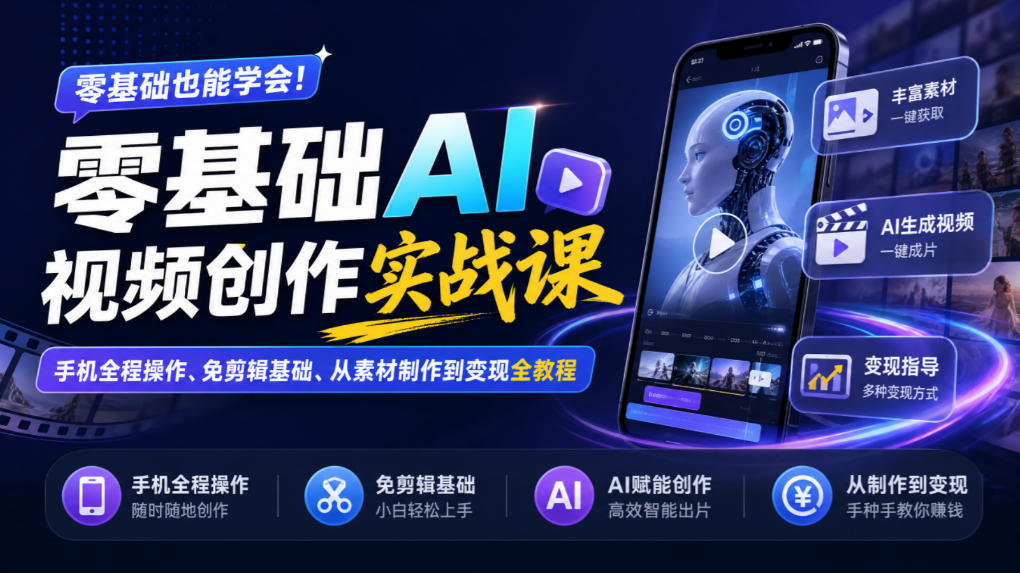 零基础AI视频创作实战课|手机全程操作、免剪辑基础、从素材制作到变现全教程-旺仔资源库