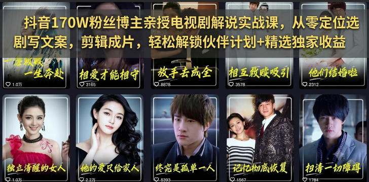 抖音170W粉丝博主亲授电视剧解说实战课，从零定位选剧写文案剪辑成片，轻松解锁伙伴计划+精选独家收益-旺仔资源库