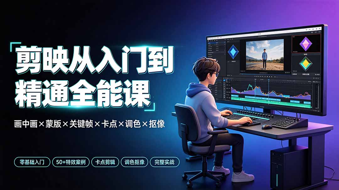 剪映从入门到精通全能课:画中画×蒙版×关键帧×卡点×调色×抠像,一站式掌握剪辑核心技能-旺仔资源库