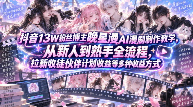 抖音13W粉丝博主晚星漫AI漫剧制作教学，从新人到熟手全流程，拉新收徒伙伴计划收益等多种收益方式，单日1K+-旺仔资源库