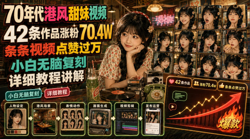 70年代港风甜妹视频,42条作品涨粉70.4W,条条视频点赞过万,小白无脑复刻,详细教程讲解-旺仔资源库