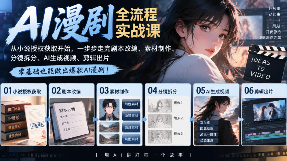 AI漫剧全流程实战课|从小说授权获取开始,一步步走完剧本改编、素材制作、分镜拆分、AI生成视频、剪辑出片全流程-旺仔资源库