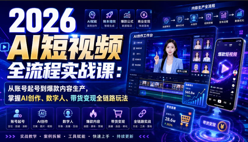 2026 AI短视频全流程实战课：从账号起号到爆款内容生产，掌握AI创作、数字人、带货变现全链路玩法-旺仔资源库