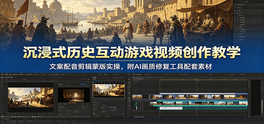 沉浸式历史互动游戏视频创作教学:文案配音剪辑蒙版实操,附AI画质修复工具配套素材-旺仔资源库