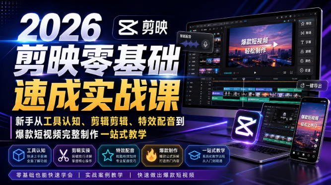2026剪映零基础速成实战课|新手从工具认知、剪辑剪辑、特效配音到爆款短视频完整制作一站式教学-旺仔资源库
