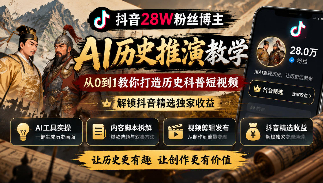 抖音28W粉丝博主的AI历史推演教学，从0到1教你打造历史科普短视频，解锁抖音精选独家收益-旺仔资源库