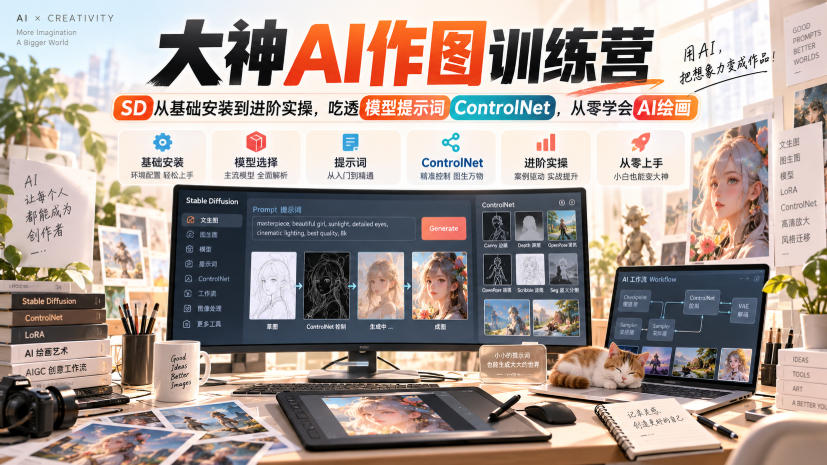 大神AI作图训练营,SD从基础安装到进阶实操,吃透模型提示词ControlNet,从零学会AI绘画-旺仔资源库