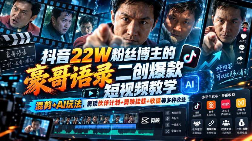 抖音22W粉丝博主的豪哥语录二创爆款短视频教学,混剪+AI玩法,解锁伙伴计划+剪映挂载+收徒等多种收益-旺仔资源库