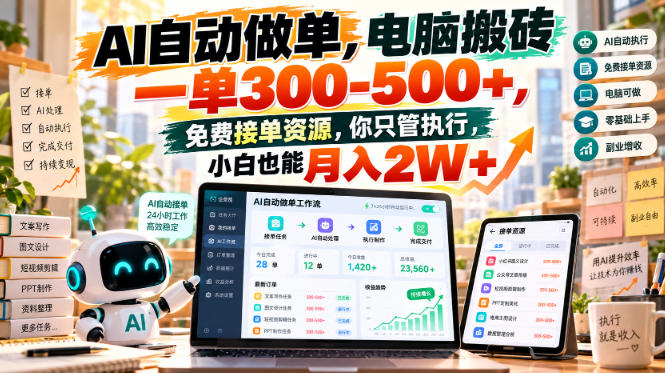 AI自动做单，电脑搬砖一单300-500+，免费接单资源，你只管执行，小白也能月入2W+【揭秘】-旺仔资源库