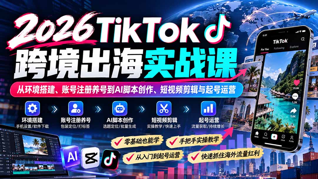 2026TikTok跨境出海实战课:从环境搭建、账号注册养号到AI脚本创作、短视频剪辑与起号运营-旺仔资源库