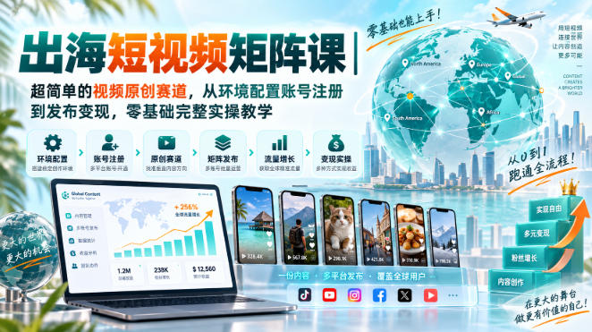 出海短视频矩阵课｜超简单的视频原创赛道，从环境配置账号注册到发布变现，零基础完整实操教学-旺仔资源库