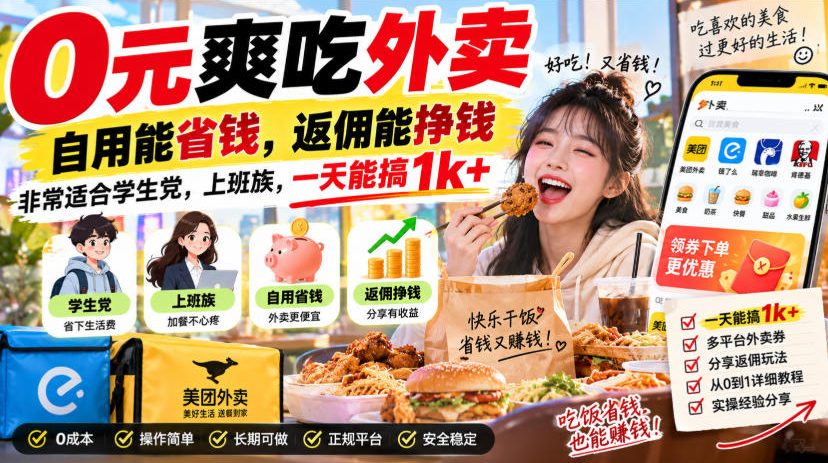 0元爽吃外卖,自用能省钱,返佣能挣钱,非常适合学生党,上班族,一天能搞1k+-旺仔资源库