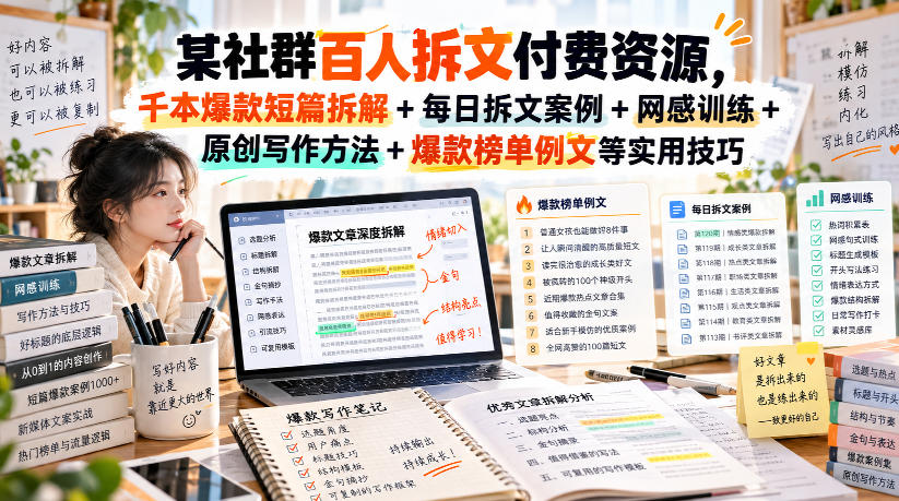 某社群百人拆文付费资源,千本爆款短篇拆解+每日拆文案例+网感训练+原创写作方法+爆款榜单例文等实用技巧(持续更新)-旺仔资源库