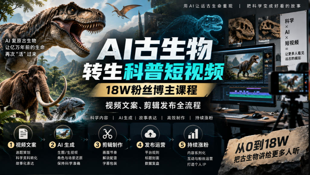 AI古生物转生科普短视频，18W粉丝博主课程，视频文案、剪辑发布全流程-旺仔资源库