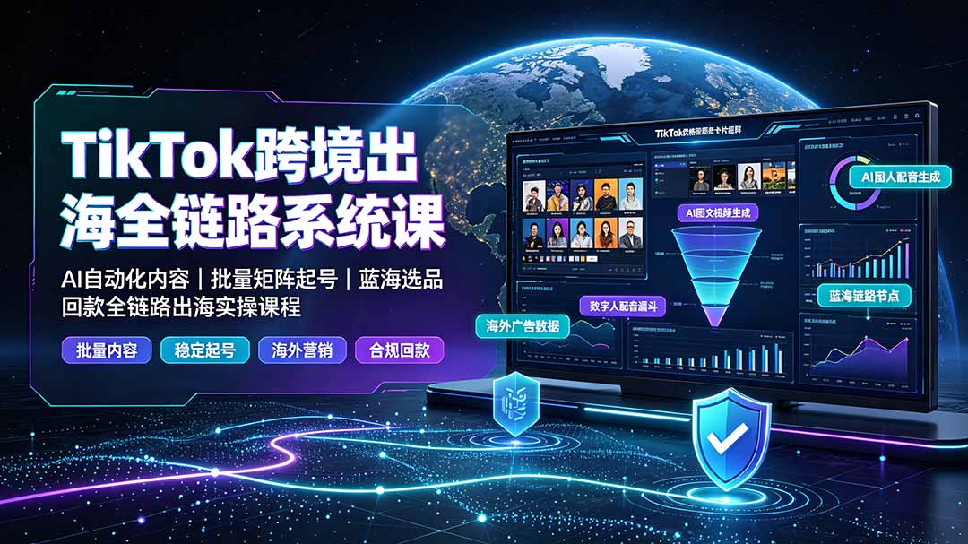 TikTok跨境出海全链路系统课-2026年7月:AI自动化内容|批量矩阵起号|蓝海选品回款全链路出海实操课程-旺仔资源库