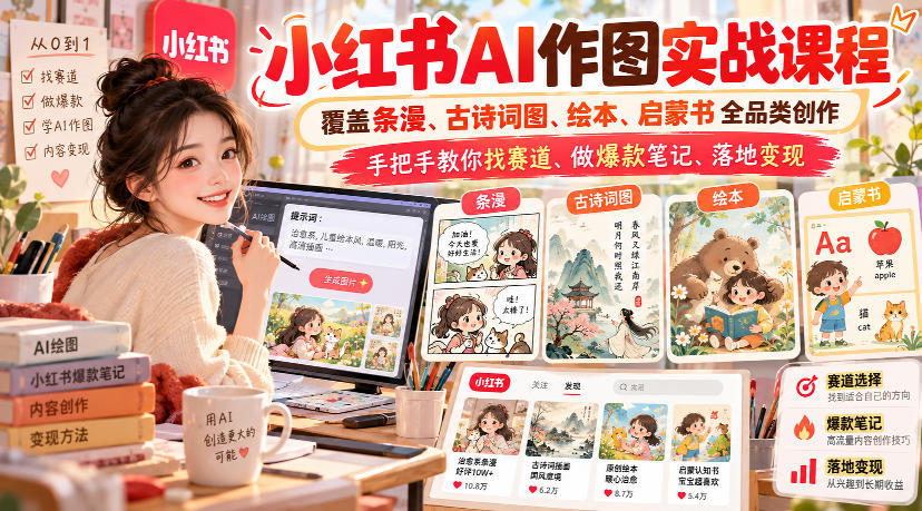 小红书AI作图实战课程，覆盖条漫、古诗词图、绘本、启蒙书全品类创作，手把手教你找赛道、做爆款笔记、落地变现-旺仔资源库