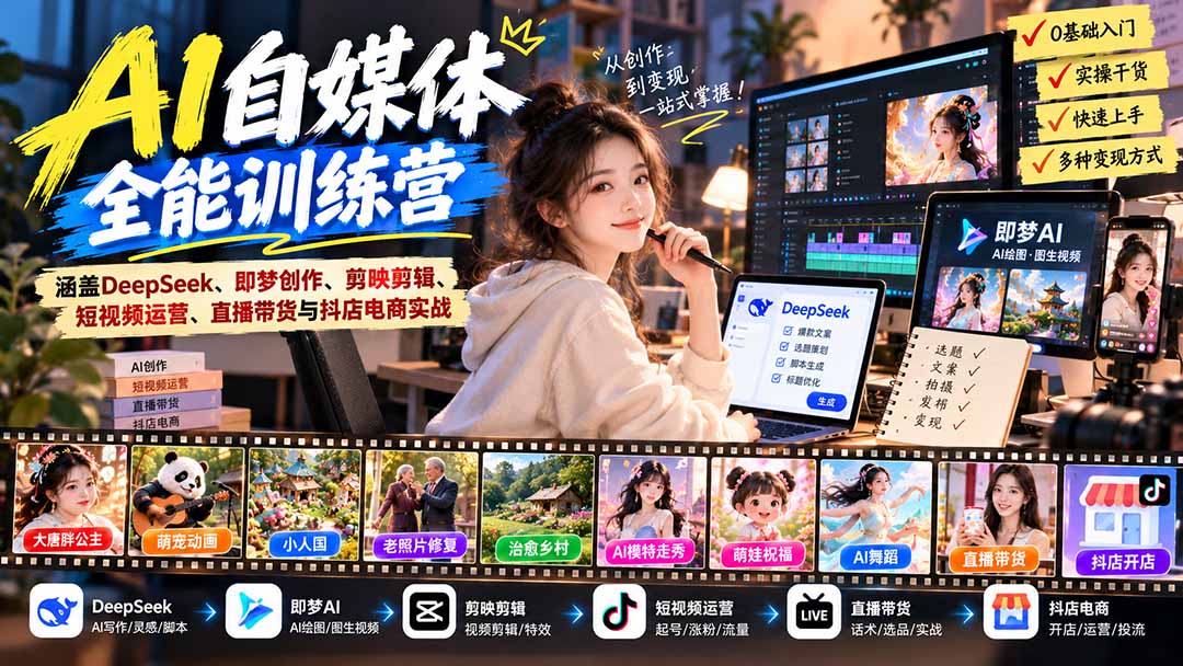 【无水印】AI+自媒体全能训练营:涵盖DeepSeek、即梦创作、剪映剪辑、短视频运营、直播带货与抖店电商实战-旺仔资源库