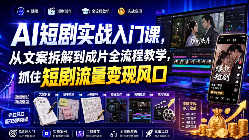 AI短剧实战入门课，从文案拆解到成片全流程教学，抓住短剧流量变现风口-旺仔资源库