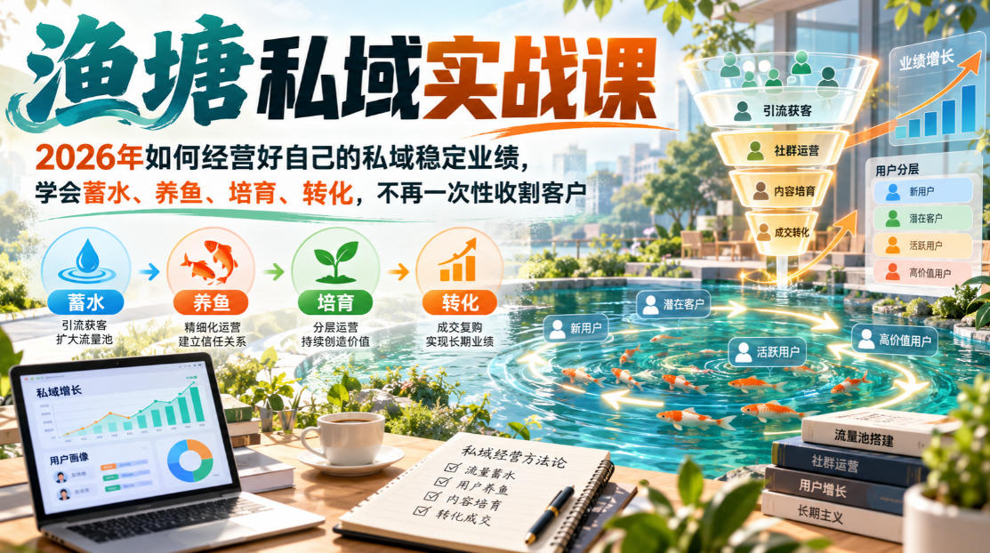 渔塘私域实战课,2026年如何经营好自己的私域稳定业绩,学会蓄水、养鱼、培育、转化,不再一次性收割客户-旺仔资源库