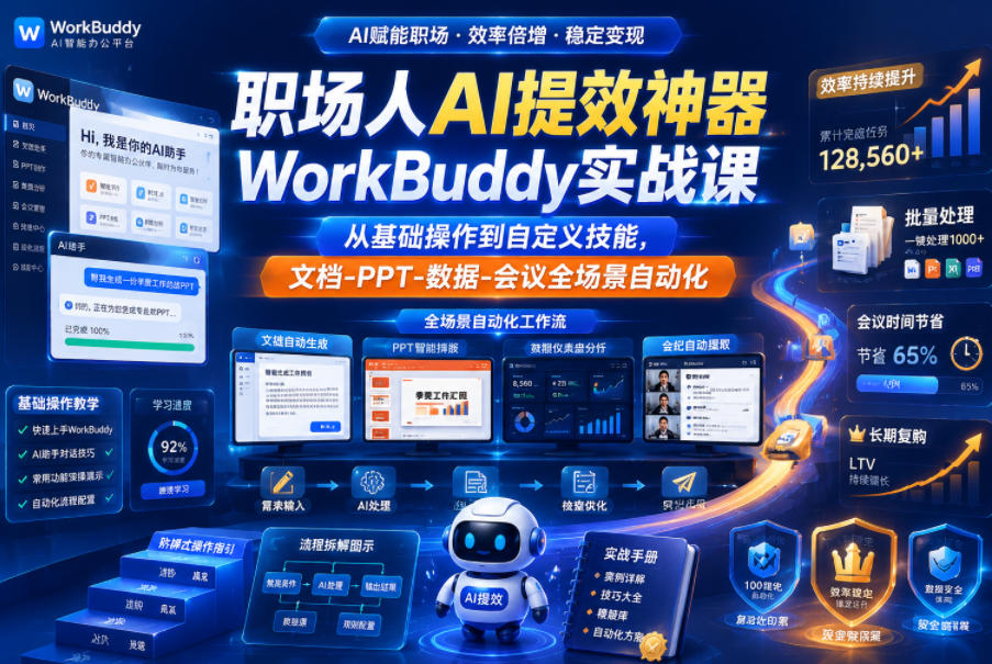职场人AI提效神器WorkBuddy实战课,从基础操作到自定义技能,文档-PPT-数据-会议全场景自动化-旺仔资源库