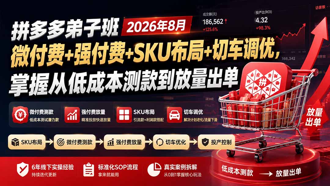 拼多多弟子班2026年8月:微付费+强付费+SKU布局+切车调优,掌握从低成本测款到放量出单-旺仔资源库