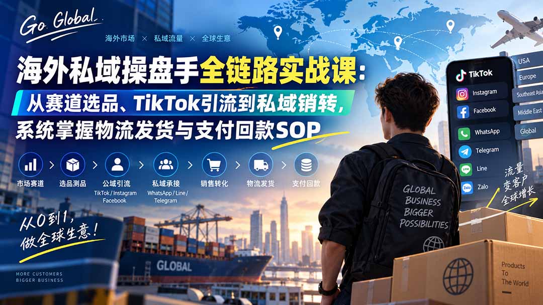 海外私域操盘手全链路实战课:从赛道选品、TikTok引流到私域销转,系统掌握物流发货与支付回款SOP-旺仔资源库