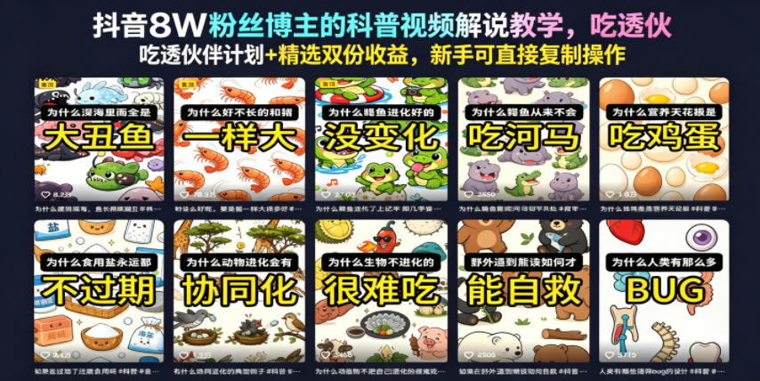 抖音8W粉丝博主的科普视频解说教学,吃透伙伴计划+精选双份收益,新手可直接复制操作-旺仔资源库