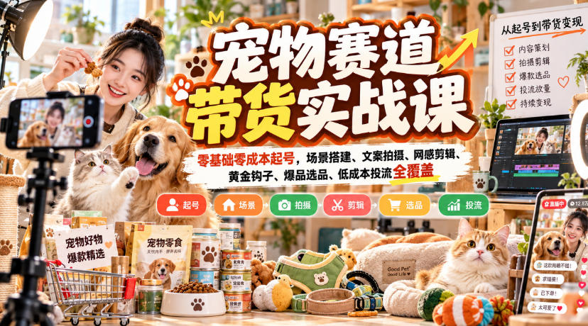 宠物赛道带货实战课,零基础零成本起号,场景搭建、文案拍摄、网感剪辑、黄金钩子、爆品选品、低成本投流全覆盖-旺仔资源库