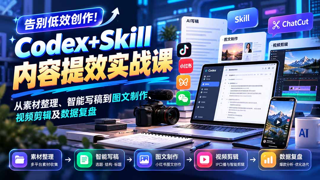 【无水印】告别低效创作!Codex+Skill内容提效实战课:从素材整理、智能写稿到图文制作、视频剪辑及数据复盘-旺仔资源库