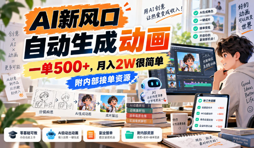 AI新风口，自动生成动画，一单500+，月入2W很简单，附内部接单资源【揭秘】-旺仔资源库