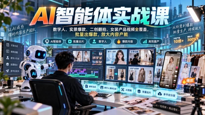 AI智能体实战课,数字人、实景爆款、二创翻拍、女装产品视频全覆盖,批量出爆款,放大内容产能-旺仔资源库