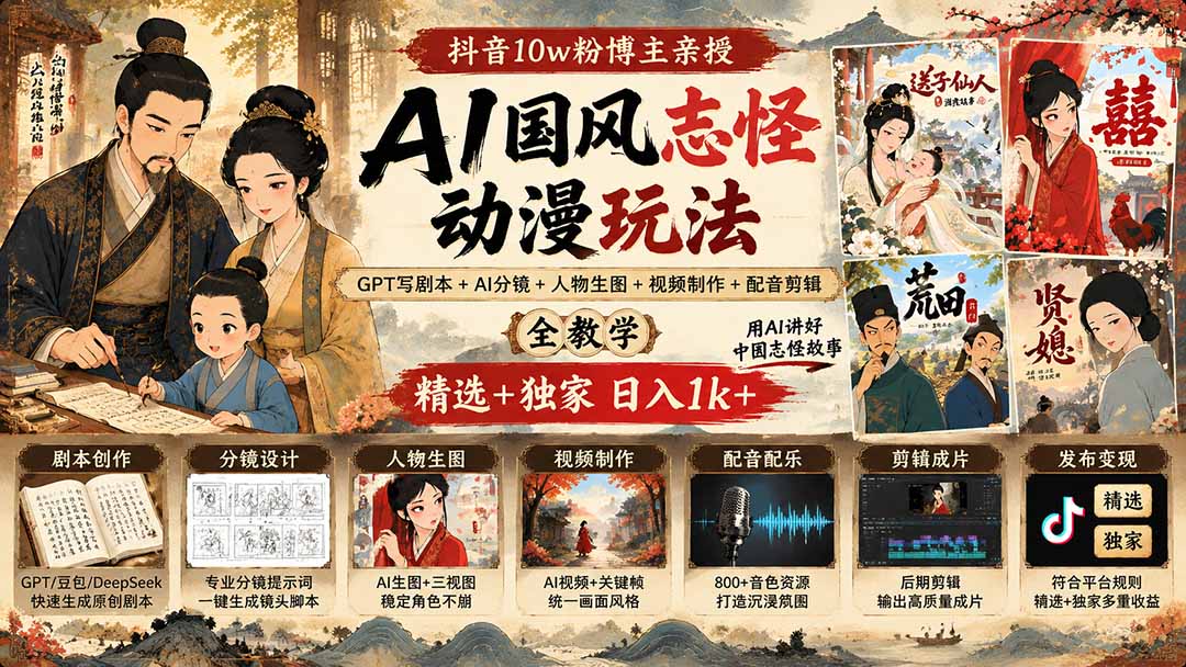 抖音10w粉博主亲授AI国风志怪动漫玩法|GPT写剧本+AI分镜+人物生图+视频制作+配音剪辑全教学|精选+独家日入1k+-旺仔资源库