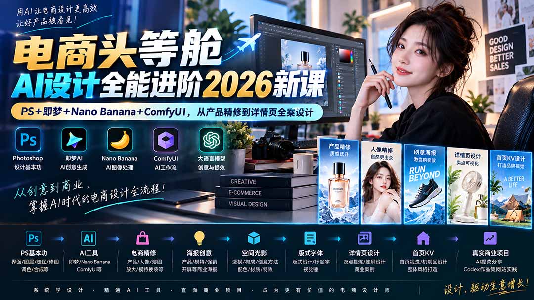 电商头等舱AI设计全能进阶2026新课：PS+即梦+Nano Banana+ComfyUI，从产品精修到详情页全案设计-旺仔资源库