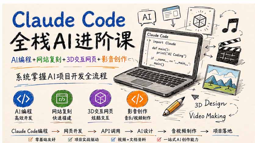Claude Code全栈AI进阶课;AI编程+网站复刻+3D交互网页+影音创作,系统掌握AI项目开发全流程-旺仔资源库