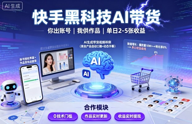 快手黑科技AI带货，你提供账号，我提供作品并发布，单日2-5张【揭秘】-旺仔资源库