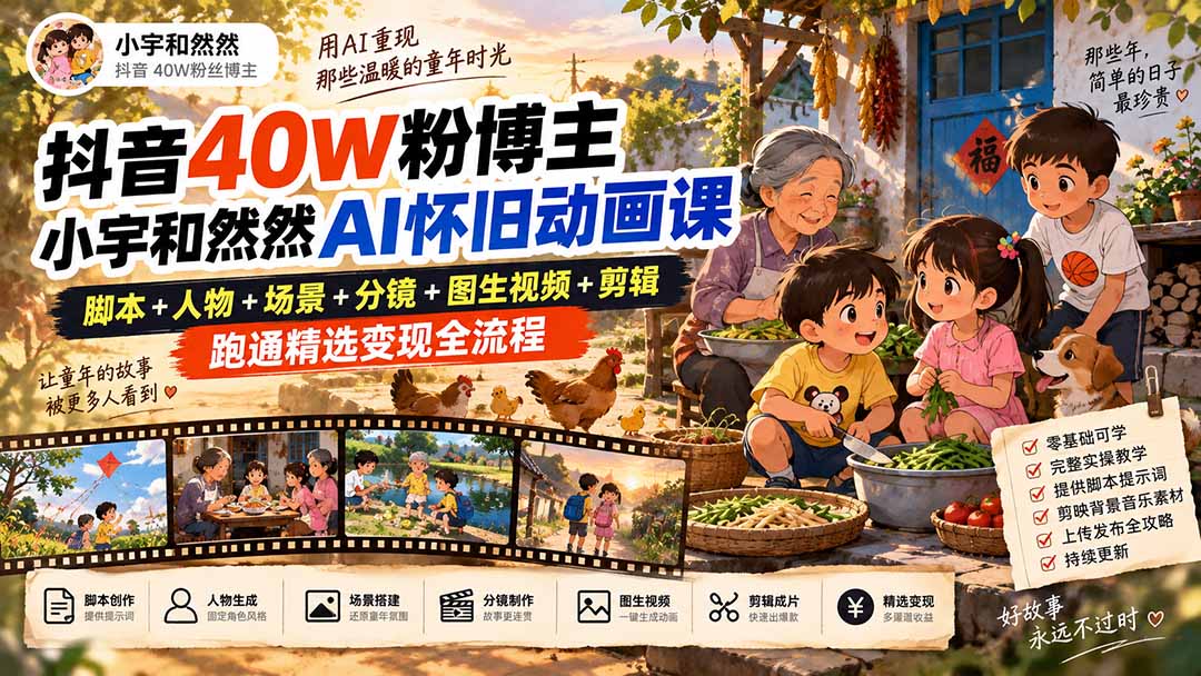 抖音40W粉博主小宇和然然AI怀旧动画课｜脚本+人物+场景+分镜+图生视频+剪辑，跑通精选变现全流程-旺仔资源库